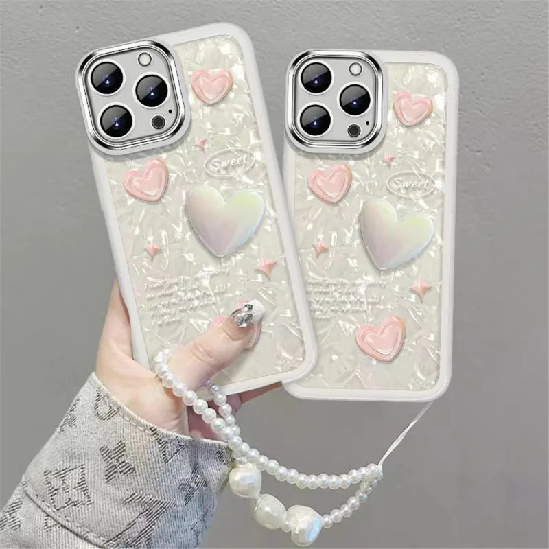 For iPhone 13 Pro Max TPU Phone Case Shockproof Heart Decor Mobile Phone Cover with Hand Strap