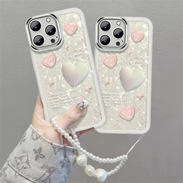 For iPhone 12 Pro Heart Decor TPU Phone Case Anti-Scratch Cell Phone Cover with Hand Strap