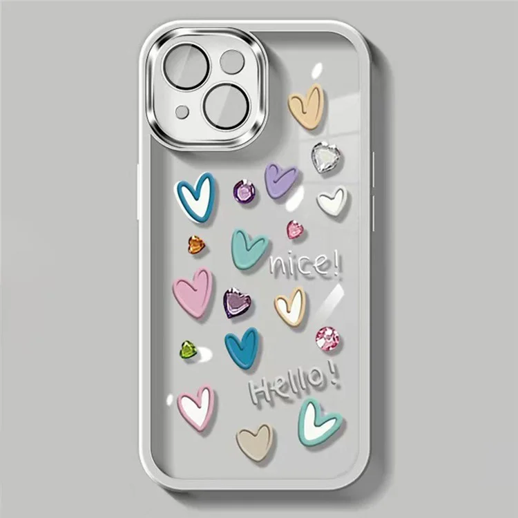 Estuche con Patrón de Corazones de Amor para iPhone 14, Cubierta de Teléfono Suave y Antiarañazos de TPU con Película de Lente de Cámara - Transparente