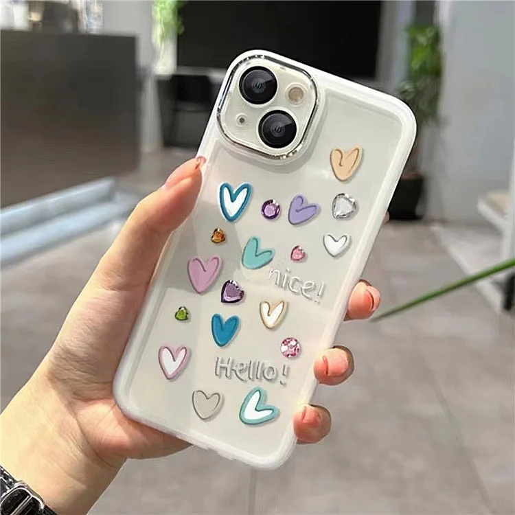 Estuche con Patrón de Corazones de Amor para iPhone 14, Cubierta de Teléfono Suave y Antiarañazos de TPU con Película de Lente de Cámara - Transparente