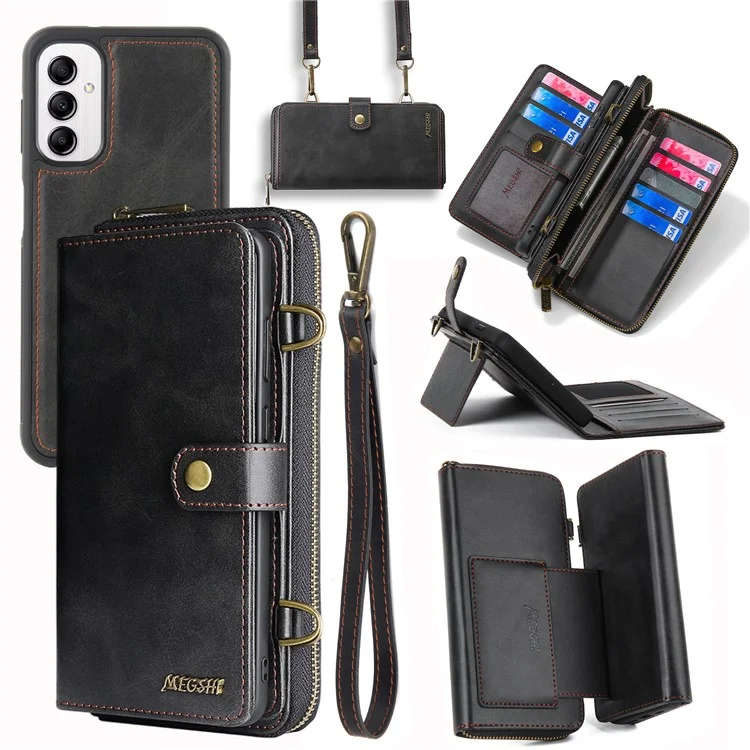 MEGSHI 020 Series for Samsung Galaxy A14 4G / 5G Leather Phone Case Detachable 2-in-1 Wallet Stand Cover - Black