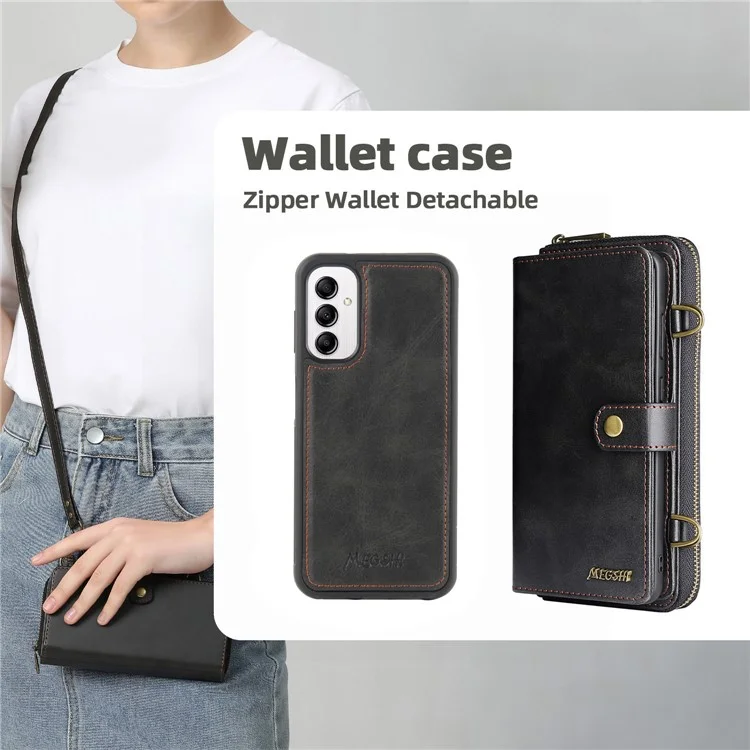 MEGSHI 020 Series for Samsung Galaxy A14 4G / 5G Leather Phone Case Detachable 2-in-1 Wallet Stand Cover - Black