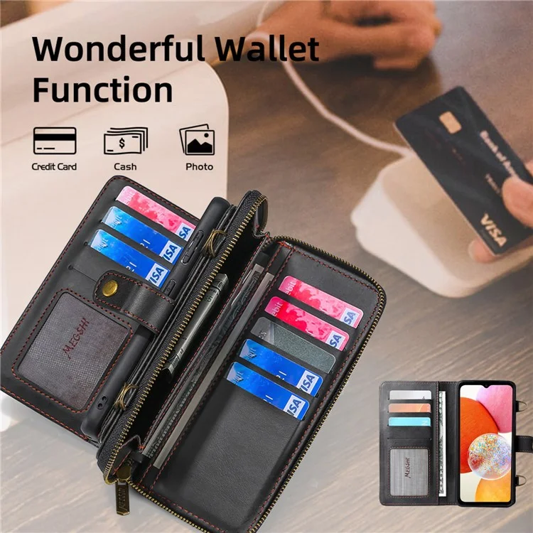 MEGSHI 020 Series for Samsung Galaxy A14 4G / 5G Leather Phone Case Detachable 2-in-1 Wallet Stand Cover - Black