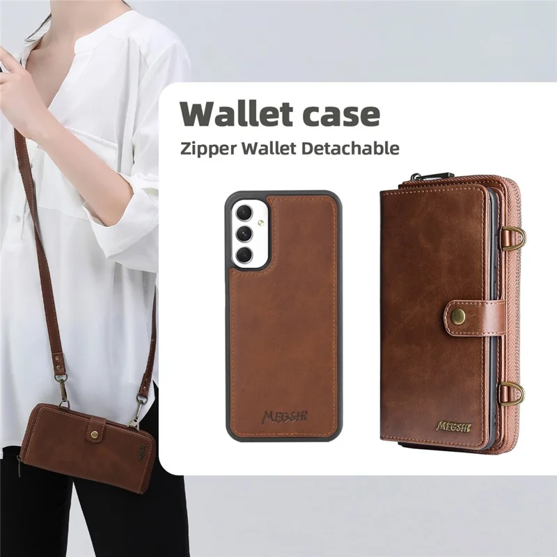 MEGSHI 020 Series for Samsung Galaxy A54 5G Detachable 2-in-1 Phone Wallet Case PU Leather Stand Multi-Function Cover - Brown