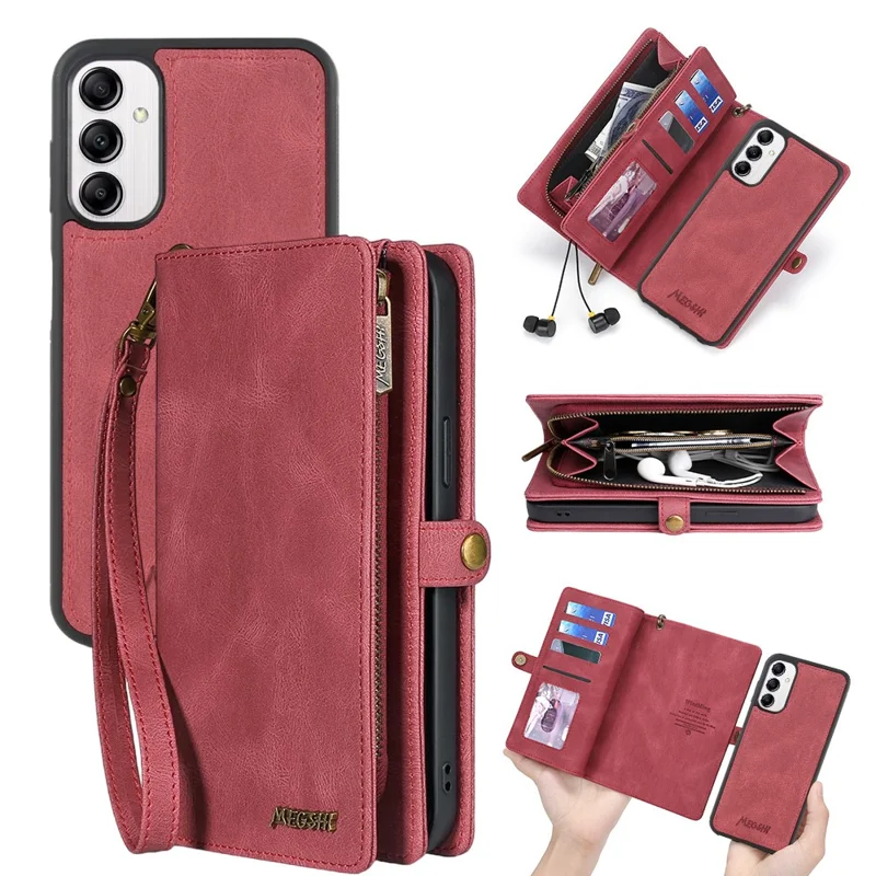 MEGSHI 017 Series Para Samsung Galaxy A54 5G Zipper Wallet Leather Case Magnetic Detachable Phone Cover - Vermelho