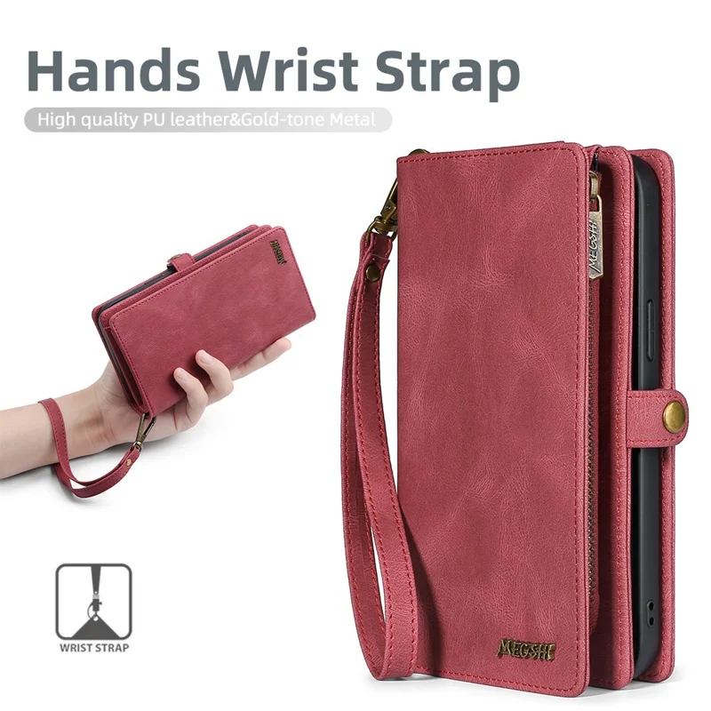 MEGSHI 017 Series Para Samsung Galaxy A54 5G Zipper Wallet Leather Case Magnetic Detachable Phone Cover - Vermelho