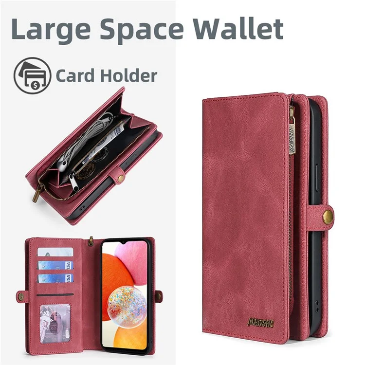 MEGSHI 017 Series Para Samsung Galaxy A54 5G Zipper Wallet Leather Case Magnetic Detachable Phone Cover - Vermelho