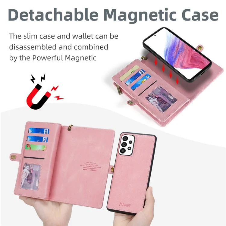 MEGSHI 017 Series per Samsung Galaxy A23 5G (versione globale) / A23 4G Cover magnetica rimovibile in pelle sintetica con zip e portafoglio - Oro rosa