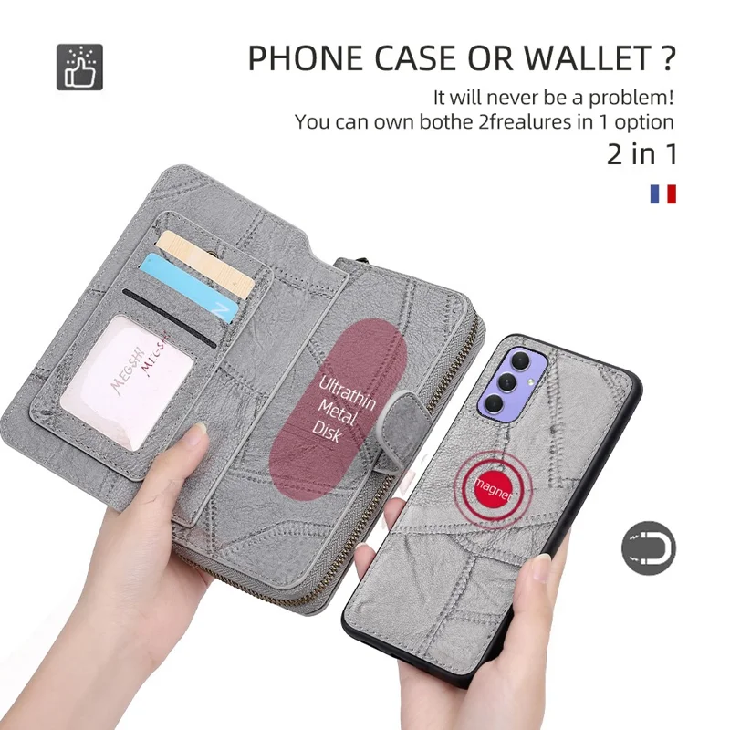 MEGSHI 004 Series For Samsung Galaxy A14 4G / 5G Zipper Wallet Case Detachable PU Leather Stand Phone Cover - Grey