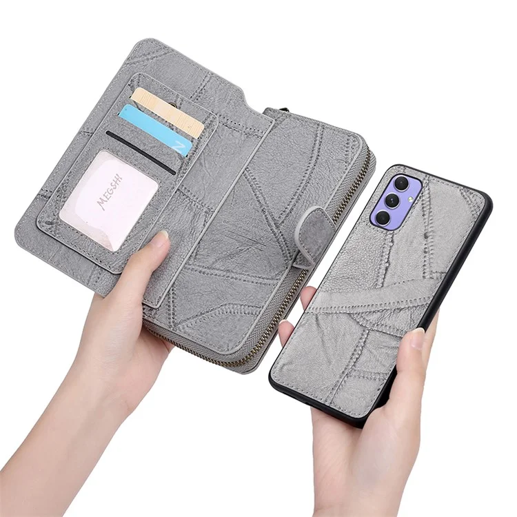 MEGSHI 004 Series For Samsung Galaxy A14 4G / 5G Zipper Wallet Case Detachable PU Leather Stand Phone Cover - Grey