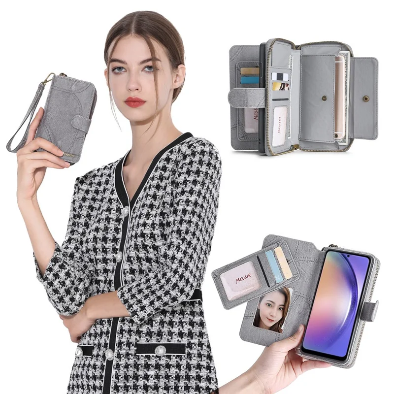 MEGSHI 004 Series For Samsung Galaxy A14 4G / 5G Zipper Wallet Case Detachable PU Leather Stand Phone Cover - Grey