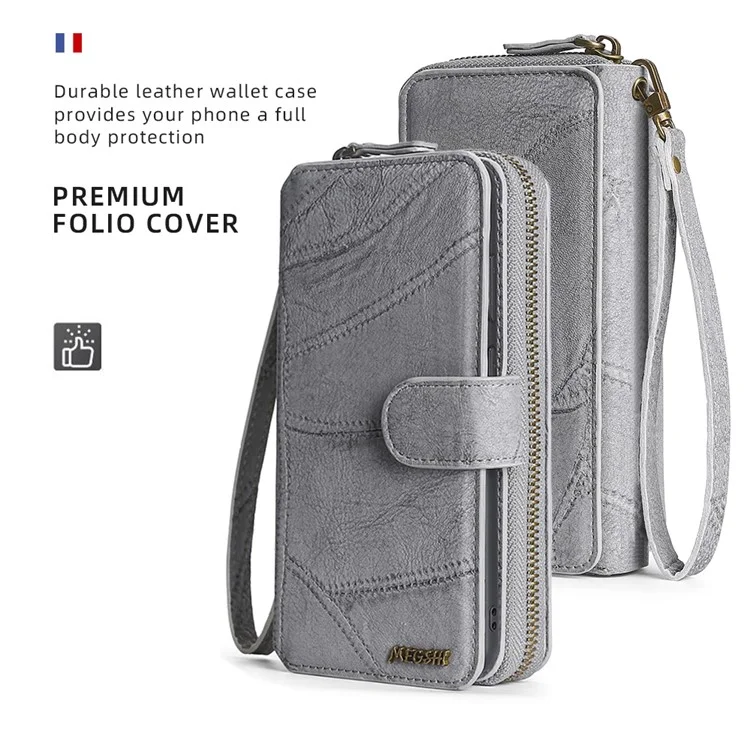 MEGSHI 004 Series For Samsung Galaxy A14 4G / 5G Zipper Wallet Case Detachable PU Leather Stand Phone Cover - Grey