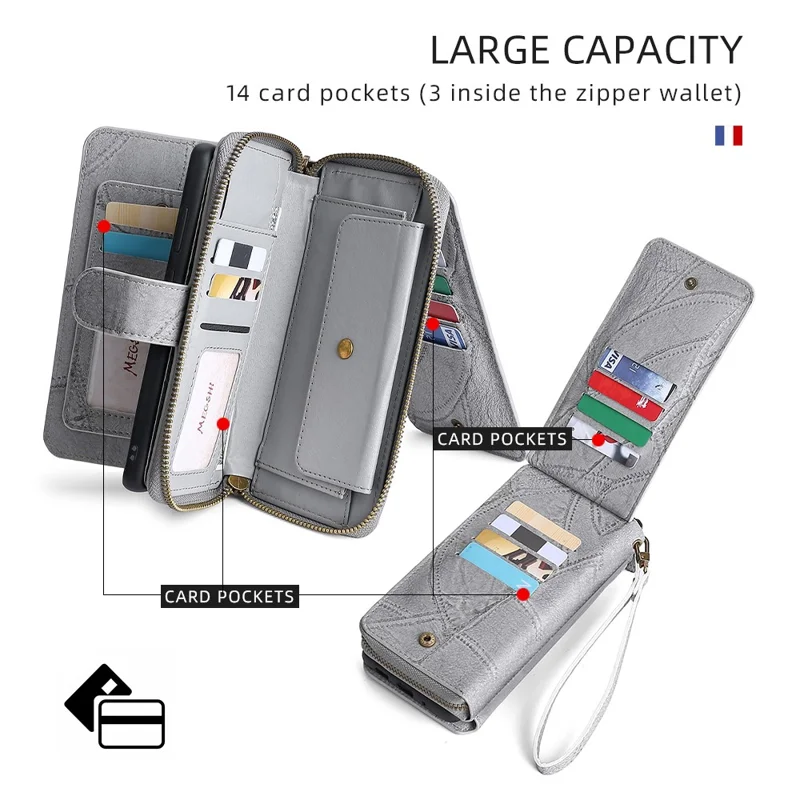 MEGSHI 004 Series For Samsung Galaxy A14 4G / 5G Zipper Wallet Case Detachable PU Leather Stand Phone Cover - Grey