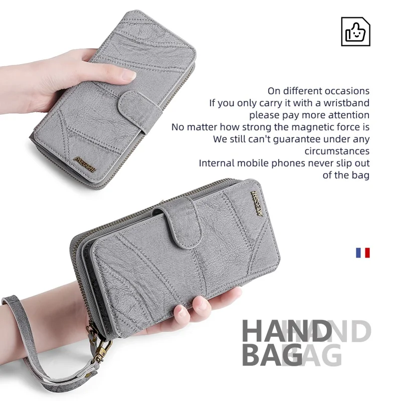 MEGSHI 004 Series For Samsung Galaxy A14 4G / 5G Zipper Wallet Case Detachable PU Leather Stand Phone Cover - Grey