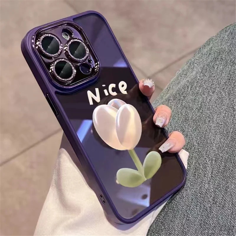 For iPhone 13 Pro Max Cell Phone Cover Glittery Powder Decor Glass+TPU Phone Case with Tulip Pattern - Purple