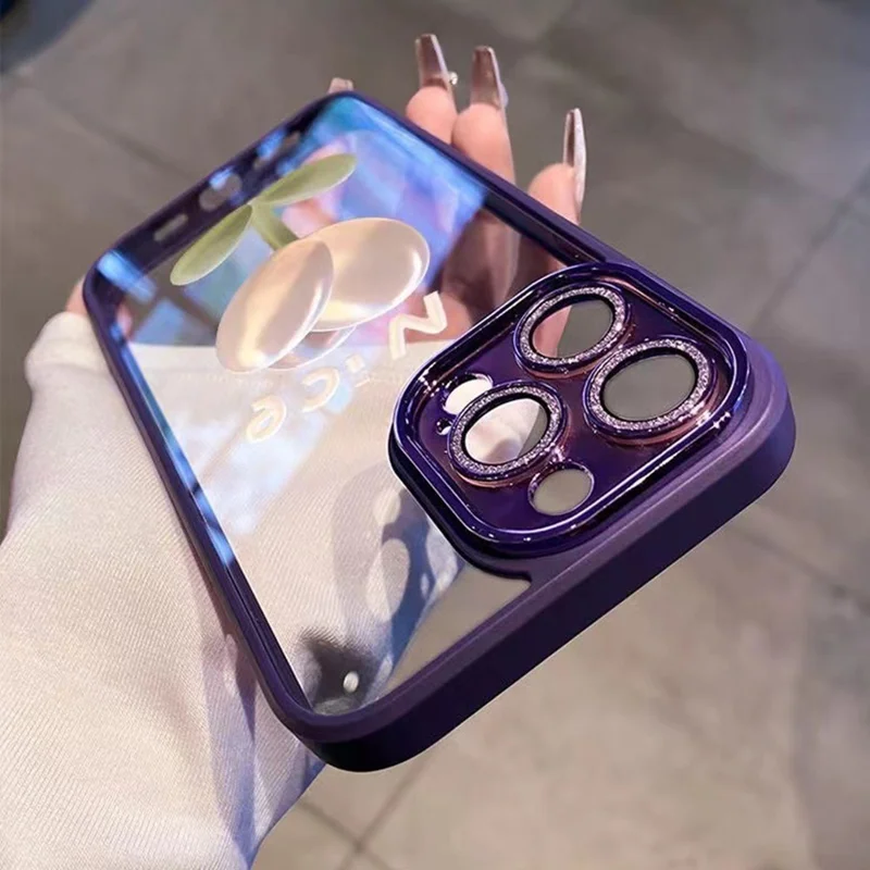 For iPhone 13 Pro Max Cell Phone Cover Glittery Powder Decor Glass+TPU Phone Case with Tulip Pattern - Purple