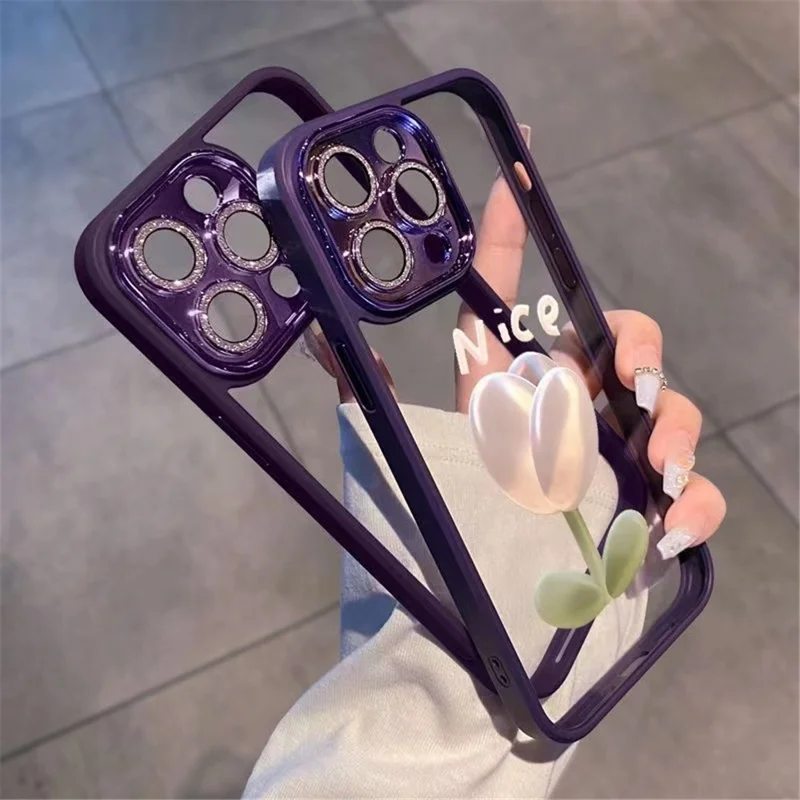 Glass+TPU Phone Case For iPhone 14 Pro Max , Tulip Pattern Phone Cover Glittery Powder Decor Shell - Purple