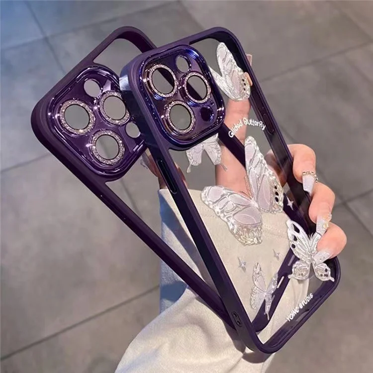 Platinum Butterfly Glass+TPU Phone Case para iPhone 12 Pro Max , Glittery Powder Decor Shell Phone Cover - Púrpura
