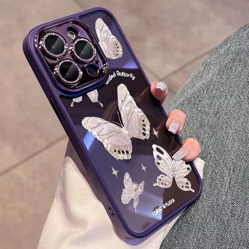 For iPhone 13 Pro Max Dustproof Glass+TPU Phone Case Platinum Butterfly Glittery Powder Decor Shell - Purple