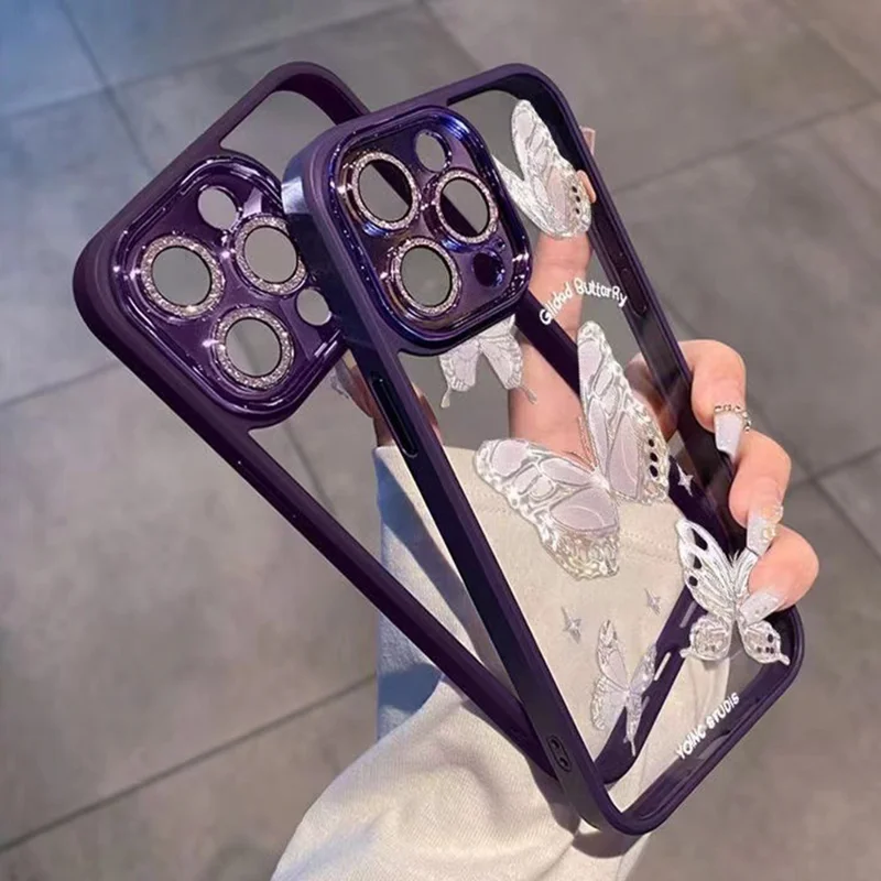 For iPhone 13 Pro Max Dustproof Glass+TPU Phone Case Platinum Butterfly Glittery Powder Decor Shell - Purple