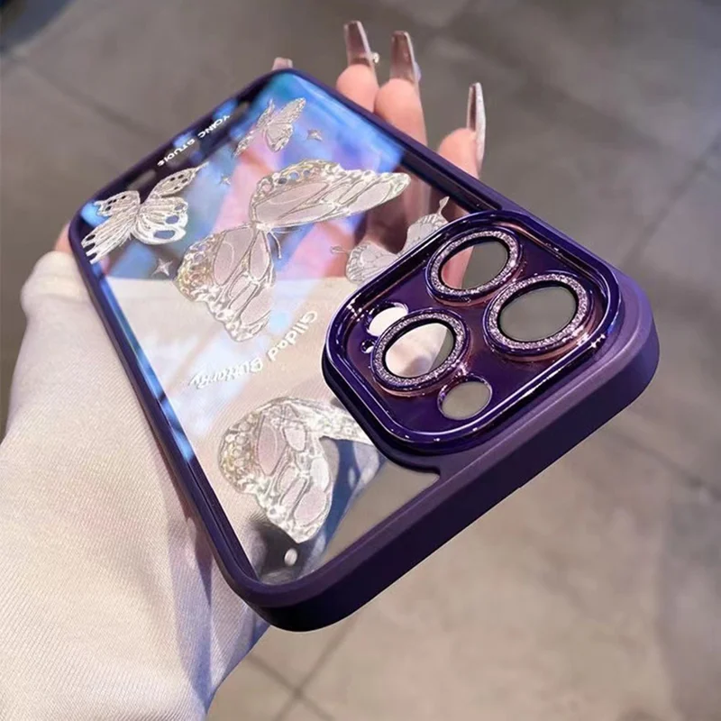 For iPhone 13 Pro Max Dustproof Glass+TPU Phone Case Platinum Butterfly Glittery Powder Decor Shell - Purple