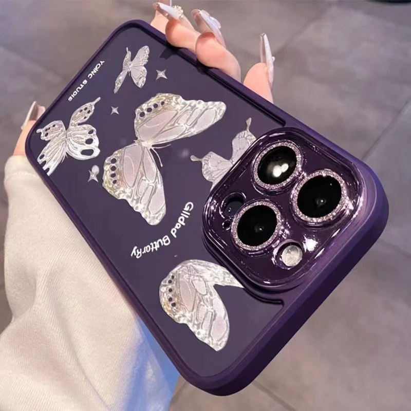 For iPhone 13 Pro Max Dustproof Glass+TPU Phone Case Platinum Butterfly Glittery Powder Decor Shell - Purple