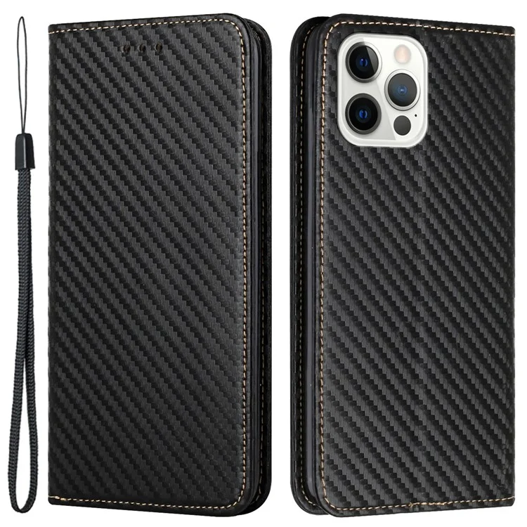 Para iPhone 15 Pro Textura de Fibra de Carbono PU Leather+TPU Wallet Case Stand Phone Cover - Preto