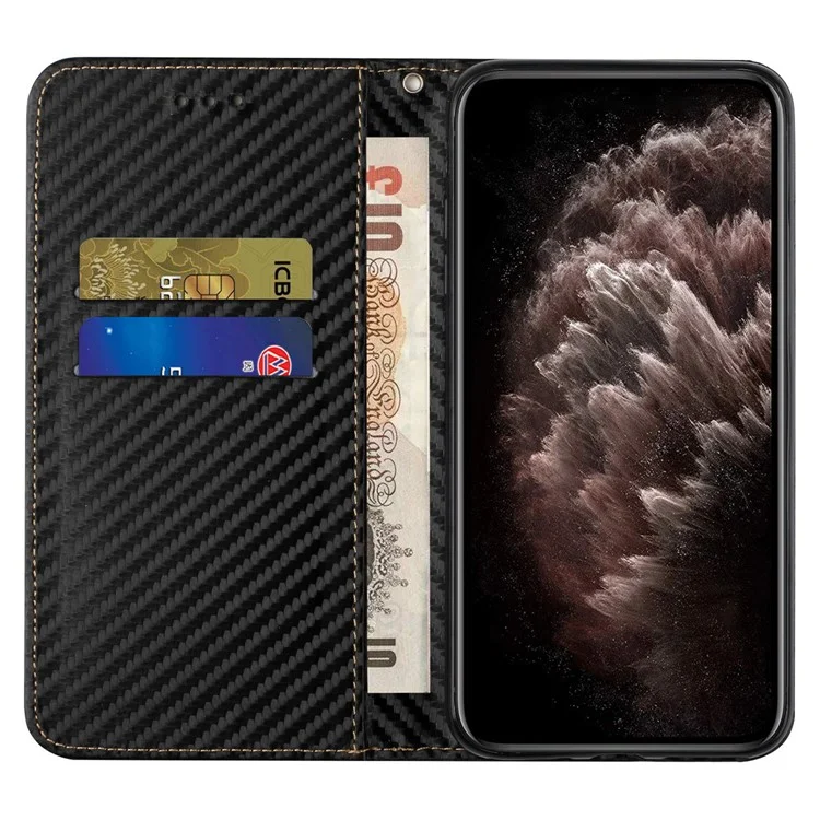 Para iPhone 15 Pro Textura de Fibra de Carbono PU Leather+TPU Wallet Case Stand Phone Cover - Preto