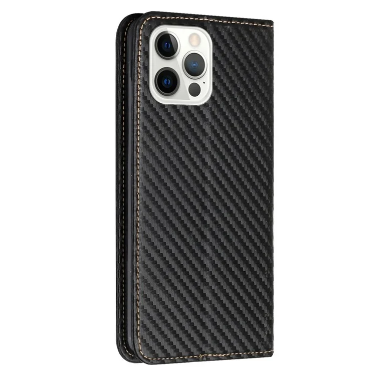 Para iPhone 15 Pro Textura de Fibra de Carbono PU Leather+TPU Wallet Case Stand Phone Cover - Preto