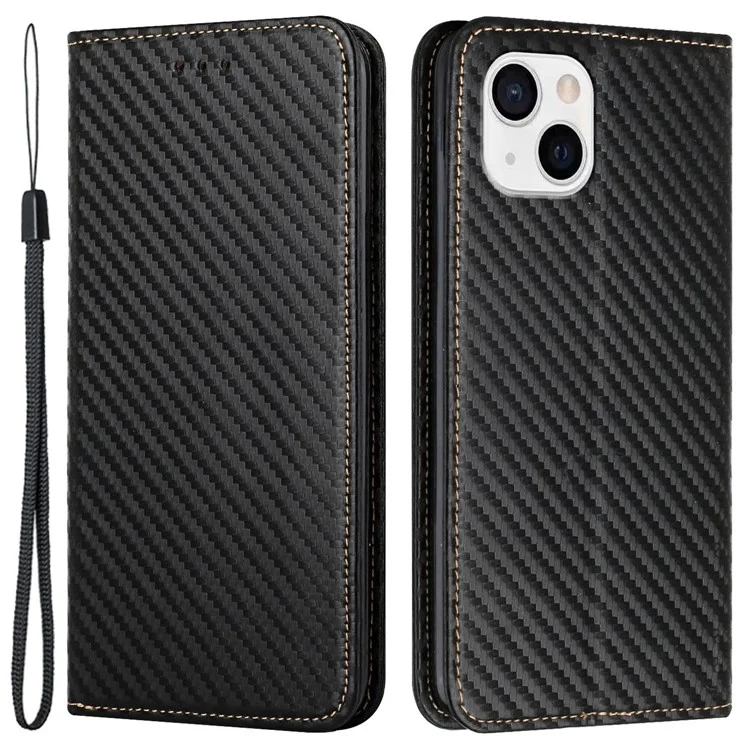 Para iPhone 15 Textura de Fibra de Carbono PU Leather+TPU Wallet Case Viewing Stand Phone Cover - Preto