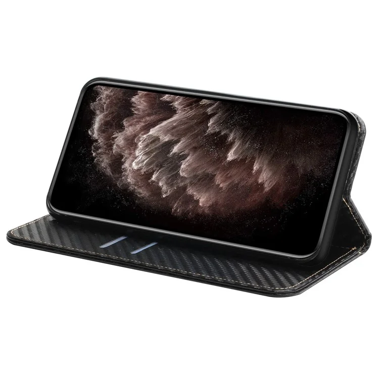 Para iPhone 15 Textura de Fibra de Carbono PU Leather+TPU Wallet Case Viewing Stand Phone Cover - Preto