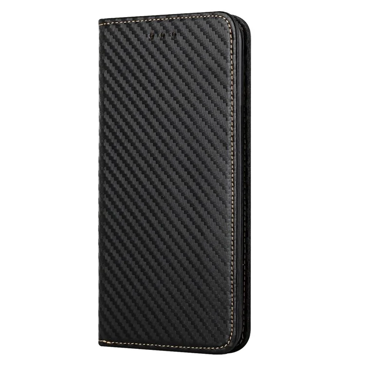 Para iPhone 15 Textura de Fibra de Carbono PU Leather+TPU Wallet Case Viewing Stand Phone Cover - Preto