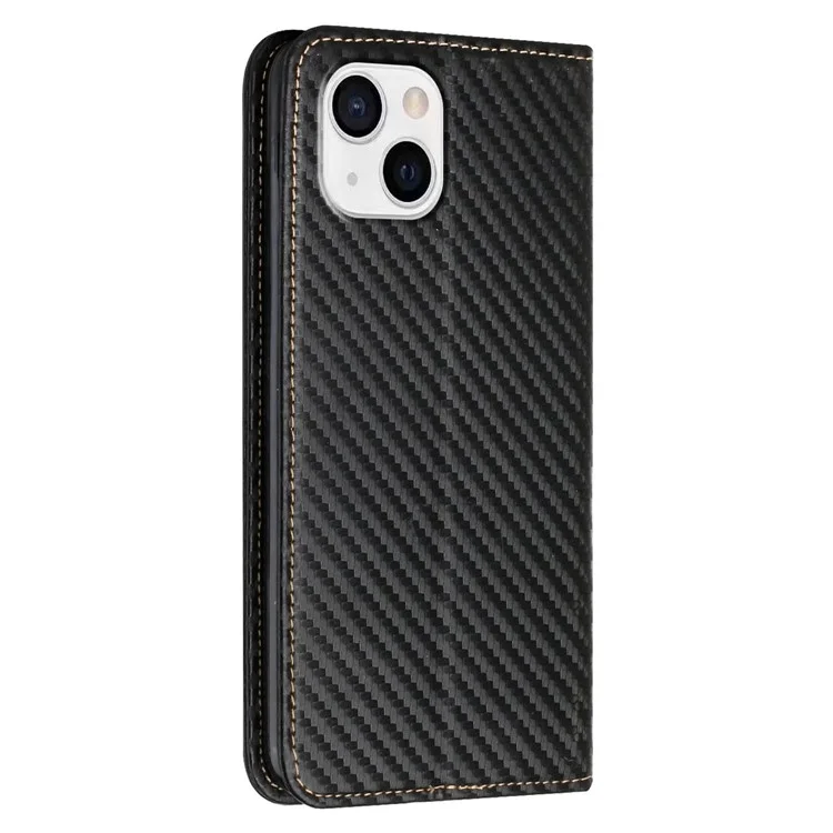 Para iPhone 15 Textura de Fibra de Carbono PU Leather+TPU Wallet Case Viewing Stand Phone Cover - Preto