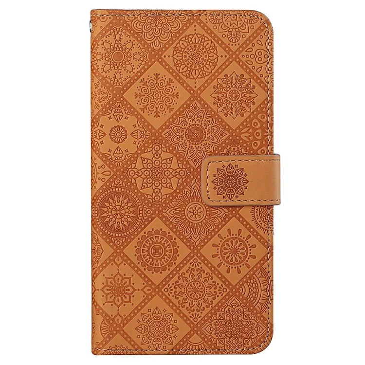 Leather Wallet Case for iPhone 15 , Imprinted Flower Shockproof Phone Stand Cover - Brown