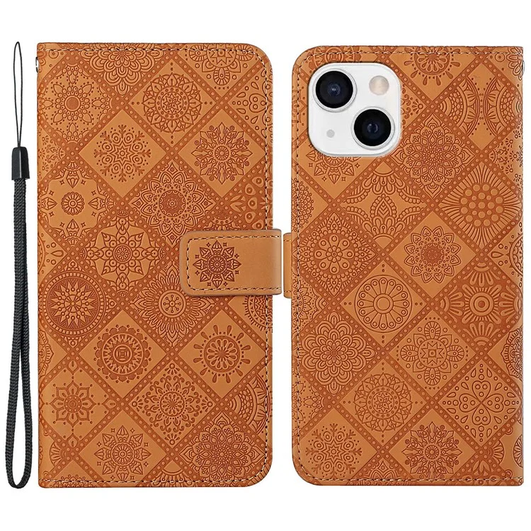Leather Wallet Case for iPhone 15 Plus , Drop Resistant Imprinted Flower Phone Stand Cover - Brown