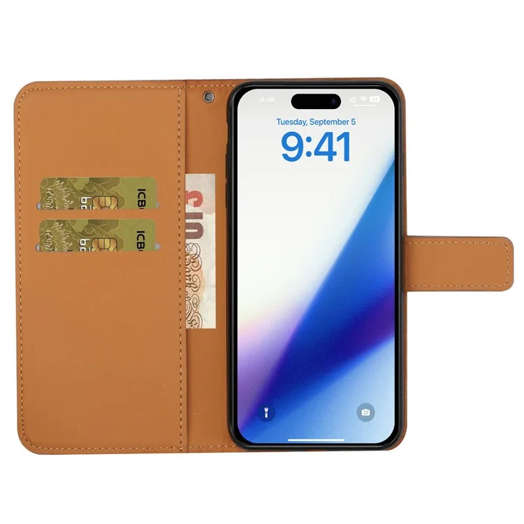 Leather Wallet Case for iPhone 15 Plus , Drop Resistant Imprinted Flower Phone Stand Cover - Brown