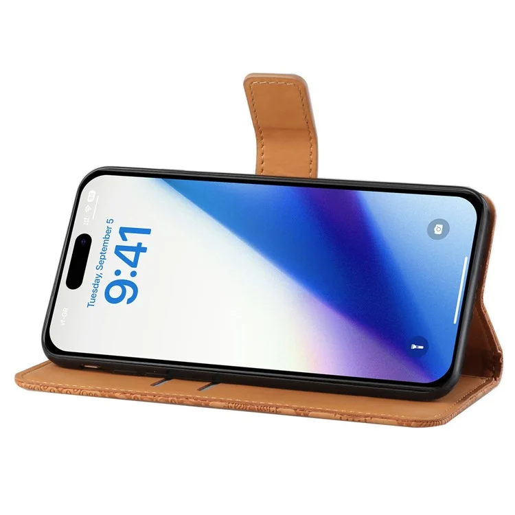 Leather Wallet Case for iPhone 15 Plus , Drop Resistant Imprinted Flower Phone Stand Cover - Brown