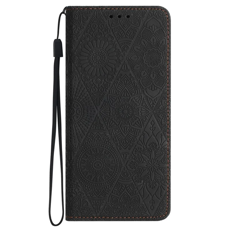 Wallet Case for iPhone 15 Pro Max PU Leather Retro Flower Imprinted Stand Phone Cover - Black