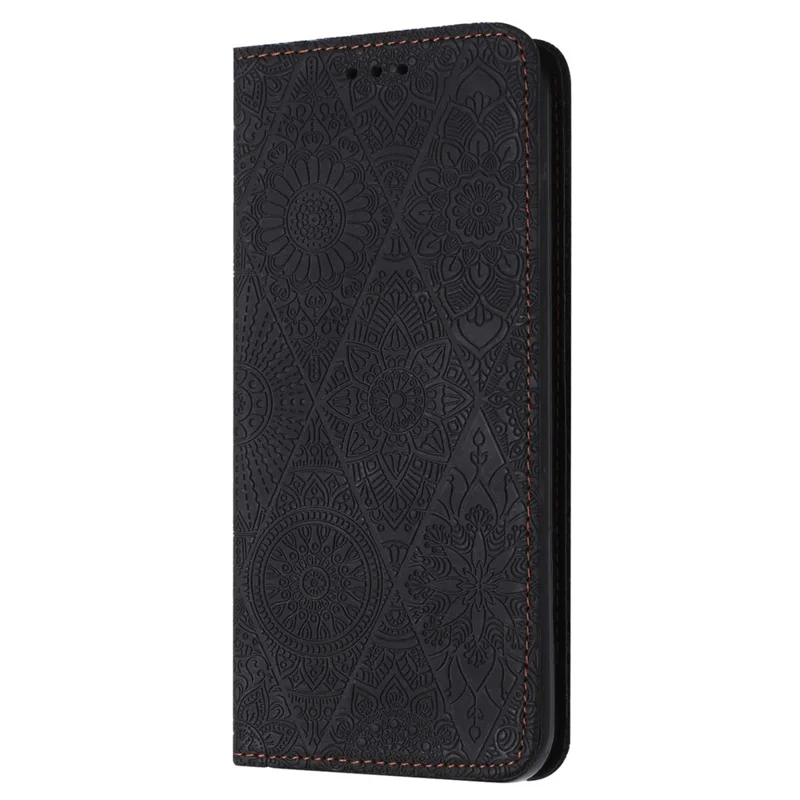 Wallet Case for iPhone 15 Pro Max PU Leather Retro Flower Imprinted Stand Phone Cover - Black