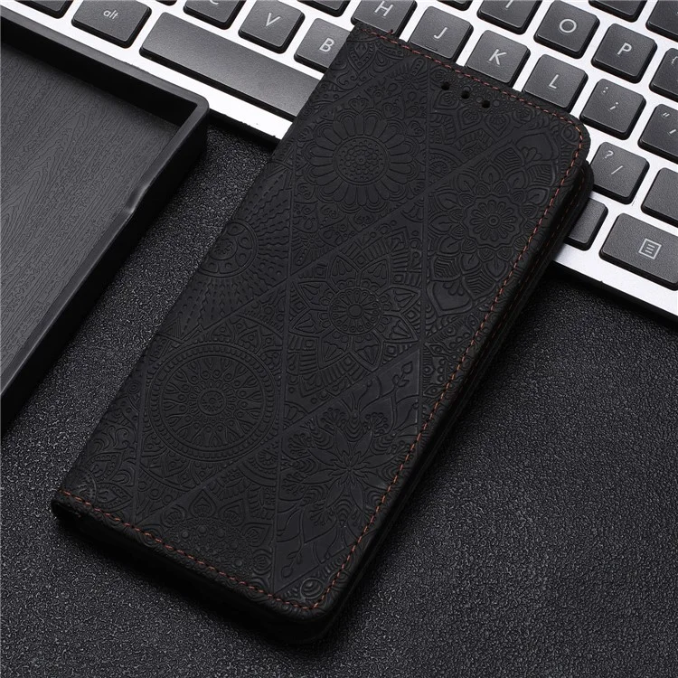 Wallet Case for iPhone 15 Plus Foldable Stand PU Leather Retro Flower Imprinted Phone Cover - Black