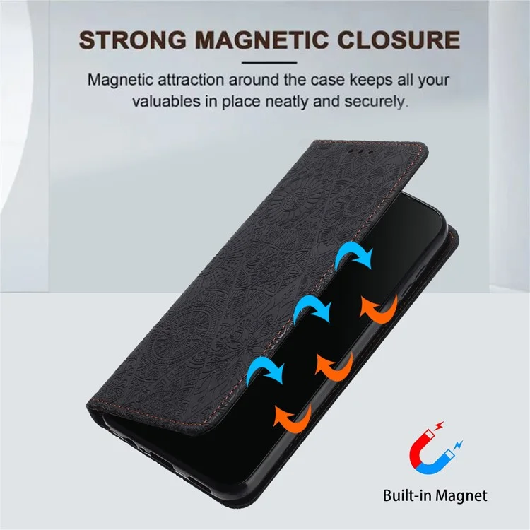 Wallet Case for iPhone 15 Plus Foldable Stand PU Leather Retro Flower Imprinted Phone Cover - Black
