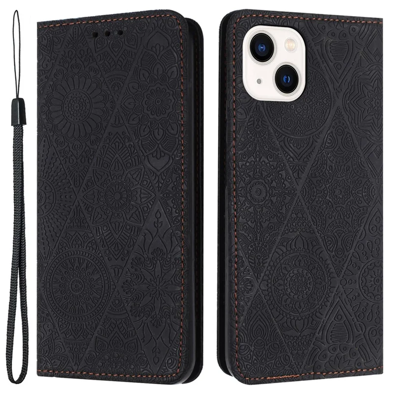 Wallet Case for iPhone 15 Fully Wrapped PU Leather Retro Flower Imprinted Phone Stand Cover - Black