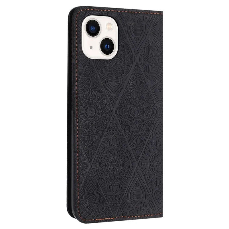 Wallet Case for iPhone 15 Fully Wrapped PU Leather Retro Flower Imprinted Phone Stand Cover - Black