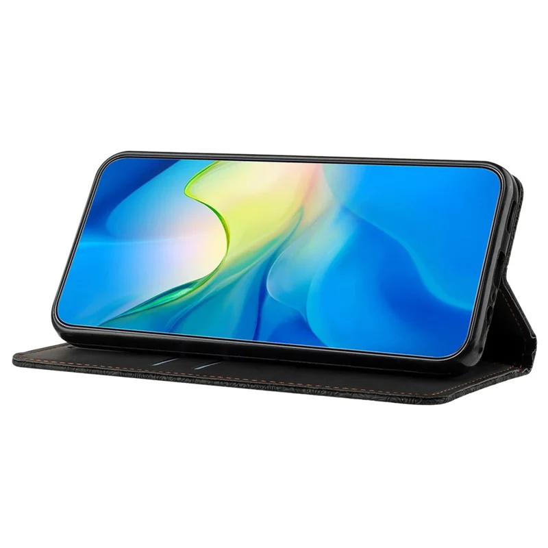 Wallet Case for iPhone 15 Fully Wrapped PU Leather Retro Flower Imprinted Phone Stand Cover - Black