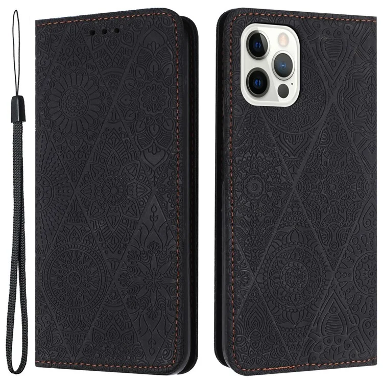 Wallet Case für iPhone 15 Pro Stand Shell PU-Leder Retro Blumen Bedruckt Handyhülle - Schwarz