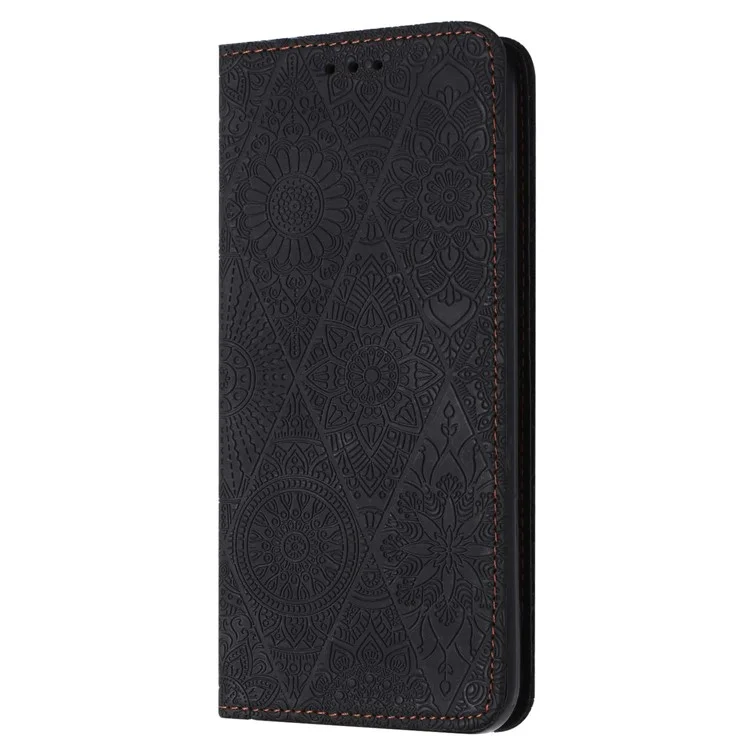 Wallet Case für iPhone 15 Pro Stand Shell PU-Leder Retro Blumen Bedruckt Handyhülle - Schwarz