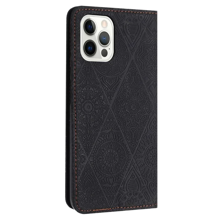 Wallet Case für iPhone 15 Pro Stand Shell PU-Leder Retro Blumen Bedruckt Handyhülle - Schwarz