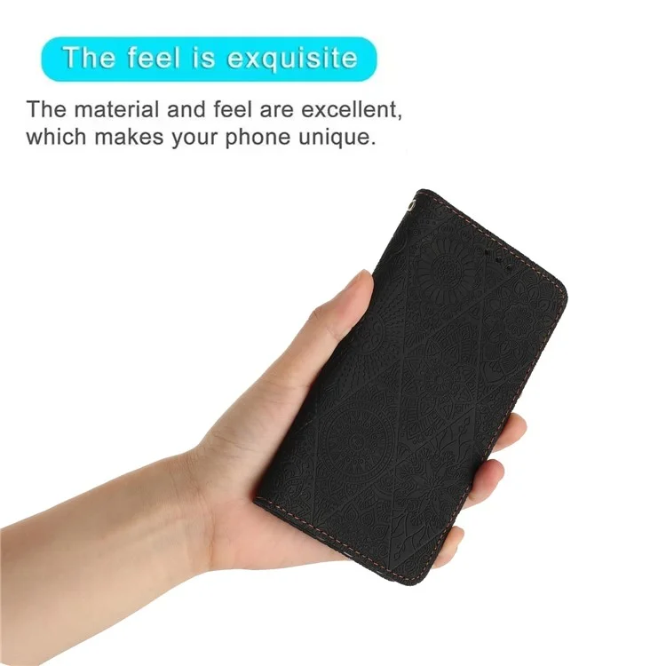 Wallet Case für iPhone 15 Pro Stand Shell PU-Leder Retro Blumen Bedruckt Handyhülle - Schwarz