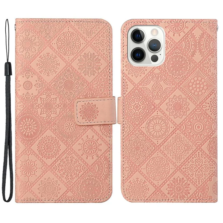 Leather Wallet Case for iPhone 15 Pro , Imprinted Flower Folio Flip Stand Phone Cover - Pink