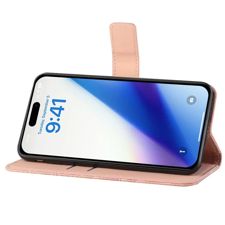 Leather Wallet Case for iPhone 15 Pro , Imprinted Flower Folio Flip Stand Phone Cover - Pink